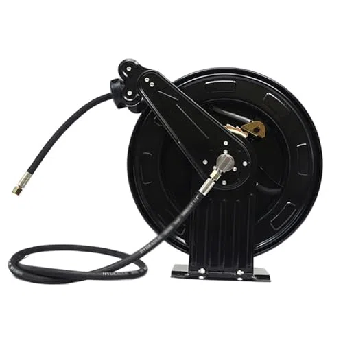 Carrete de manguera retráctil automático resistente de 15 m para lavadora a presión, acero duradero, ideal para aplicaciones de agua, aire y aceite, solución de almacenamiento eficiente