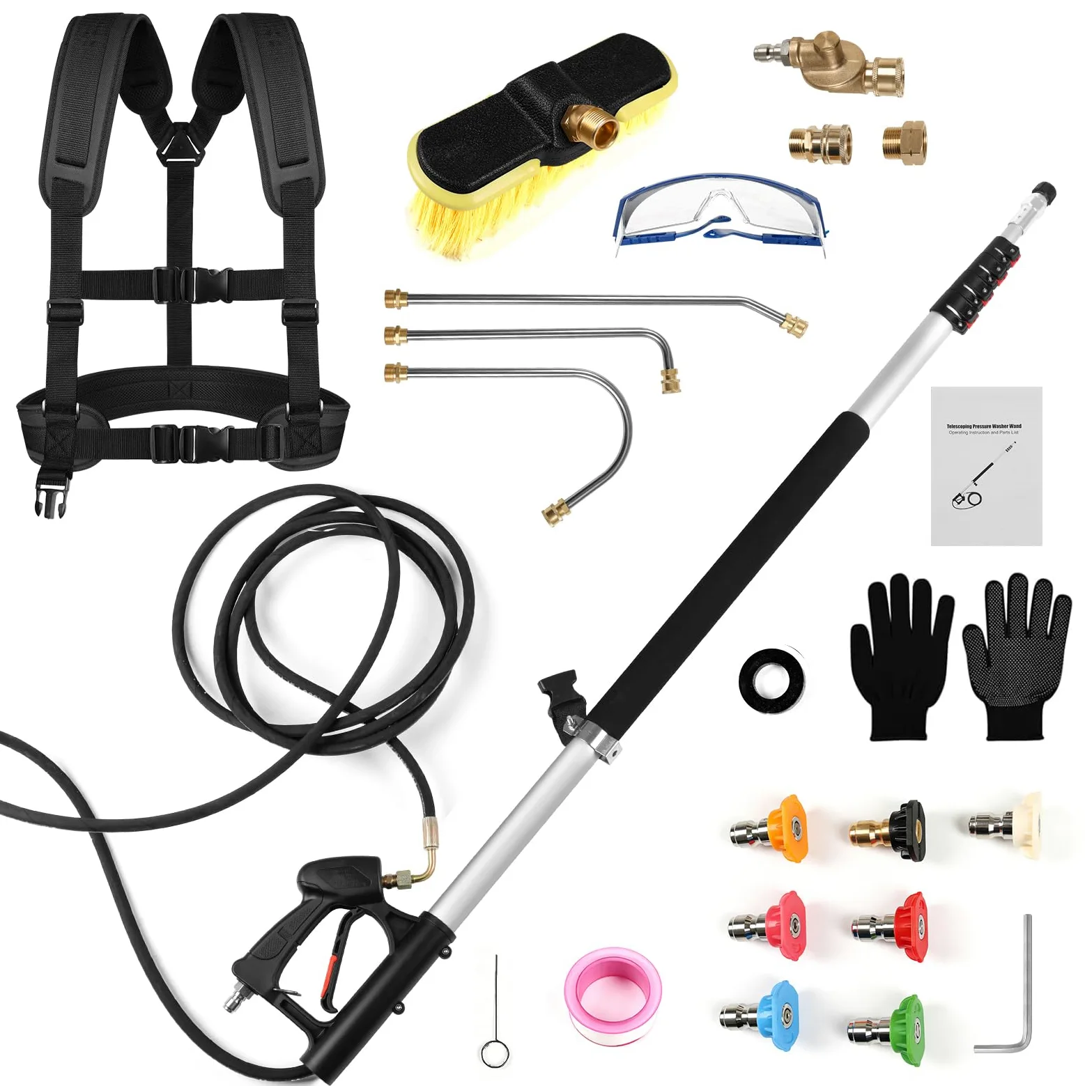 Lanza Telescópica para Hidrolimpiadora 7,3 m con Kit de Boquillas y Cepillo | Lanza Hidrolimpiadora con Arnés de Soporte, Extensión Hasta 1,5 a 7,3 m, Compatible 2000-4000 PSI para Coches, Patio, Terraza