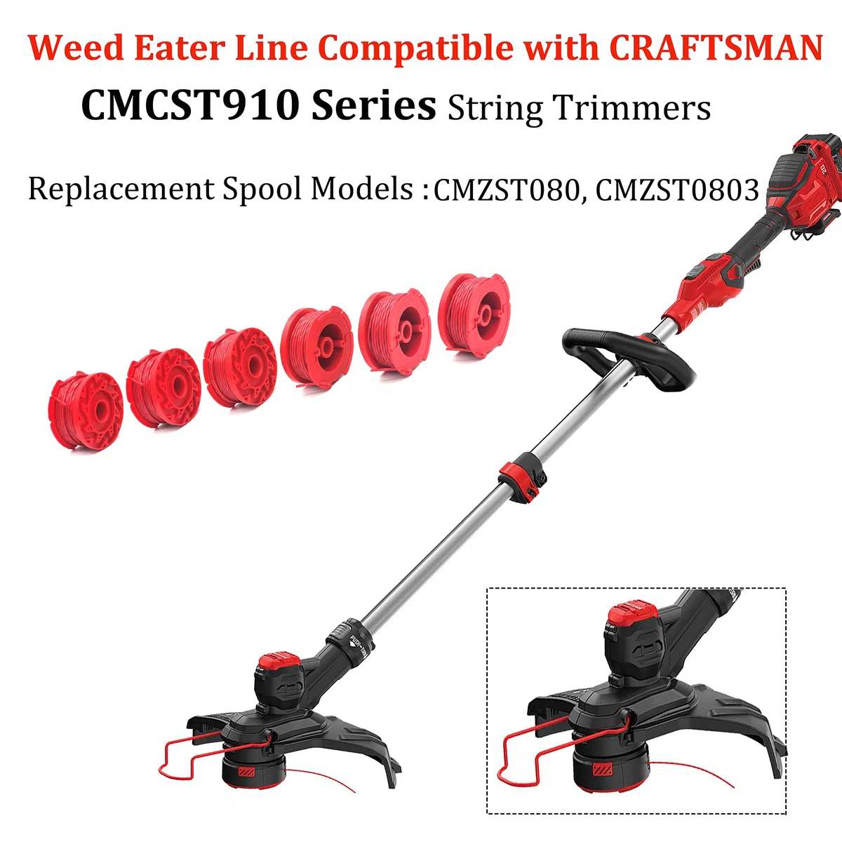 CMZST080 CMZST0803 - Línea de recortadora de hilo de 0.08 pulgadas, 20 pies, paquete de 6, compatible con CMCST910 Series Craftsman Weed Wacker String Trimmer Bobina de repuesto