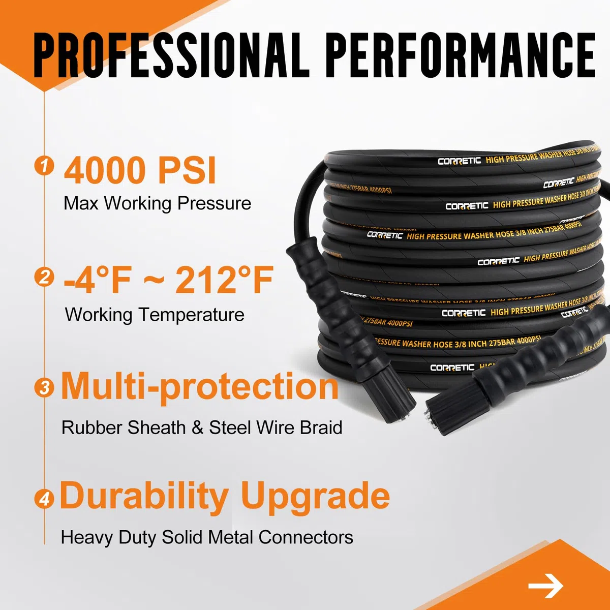 Pressure Washer Hose 50 FT, Heavy Duty & Non-Marking 3/8 Pressure Washer Hose 4000 PSI Kink Resistant, High Tensile Wire Braided Power washing Hose, M22 14mm Brass Thread Adapter Set
