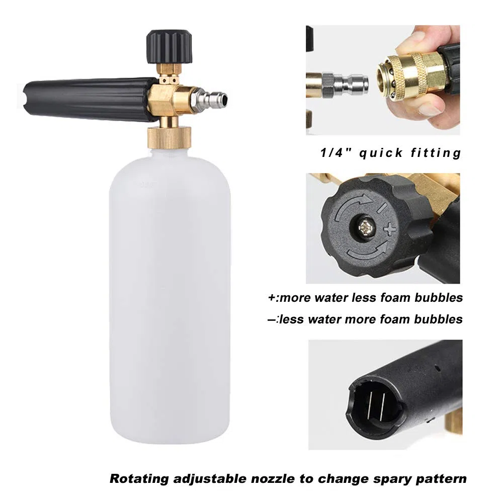 Cañón de espuma con conector rápido de 1/4 pulgadas, botella de 1 litro, grado profesional, liberación de uick (hasta 3200 PSI)