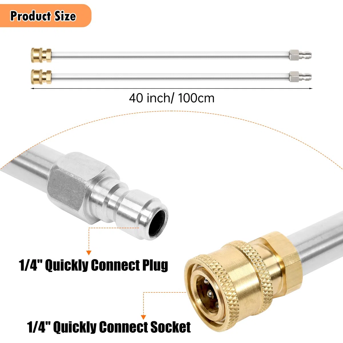 Varita de lavado a presión, varita de extensión de lavadora a presión de 40 pulgadas, lanza de lavadora eléctrica de conexión rápida de acero inoxidable de 1/4 pulgadas, paquete de 2