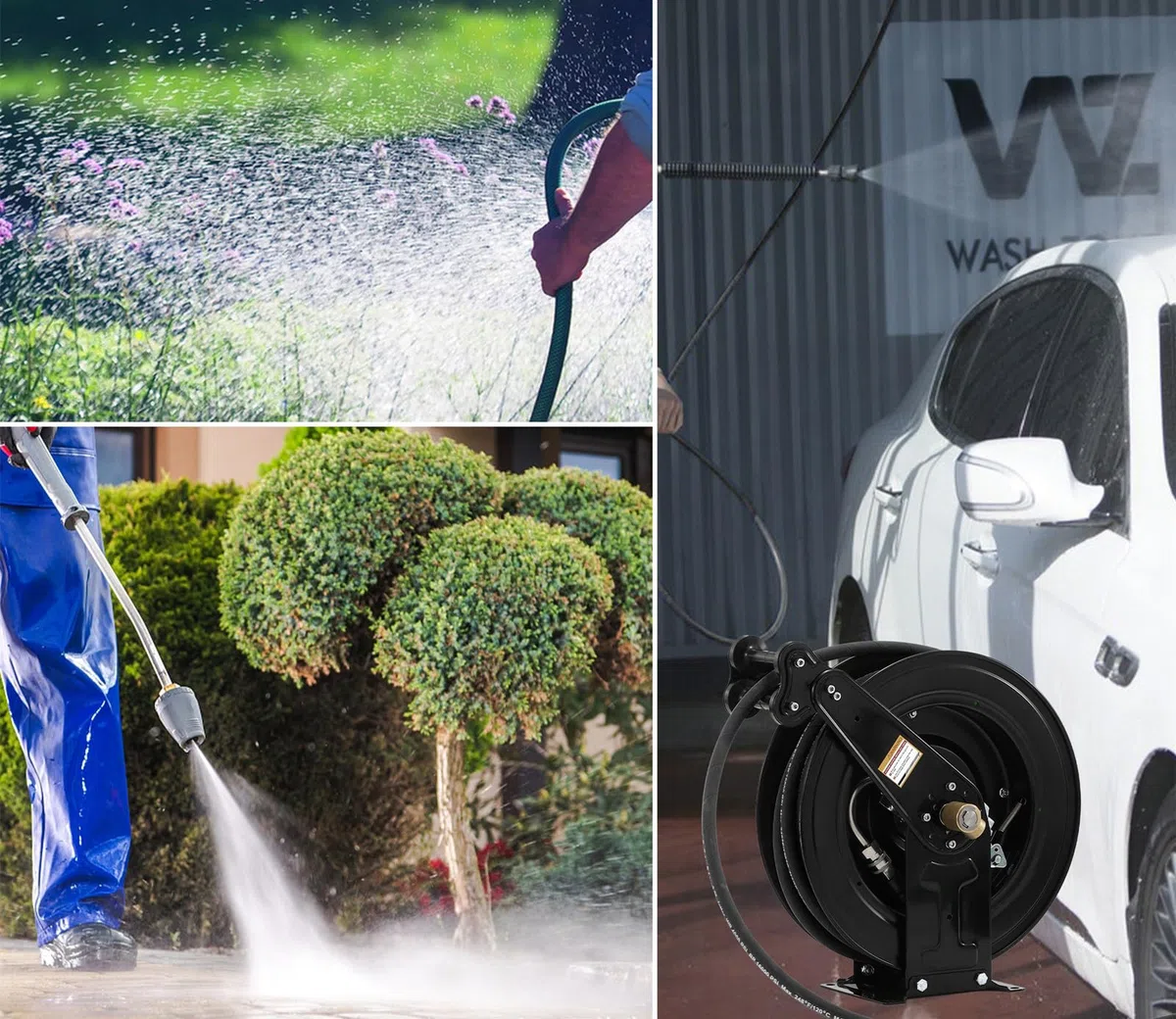 Carrete retráctil de manguera de lavado a presión, carrete de manguera profesional de acero resistente, doble brazo de 50 pies x 3/8 pulgadas con cable de 5 pies para agua/aire/aceite, 4000 PSI