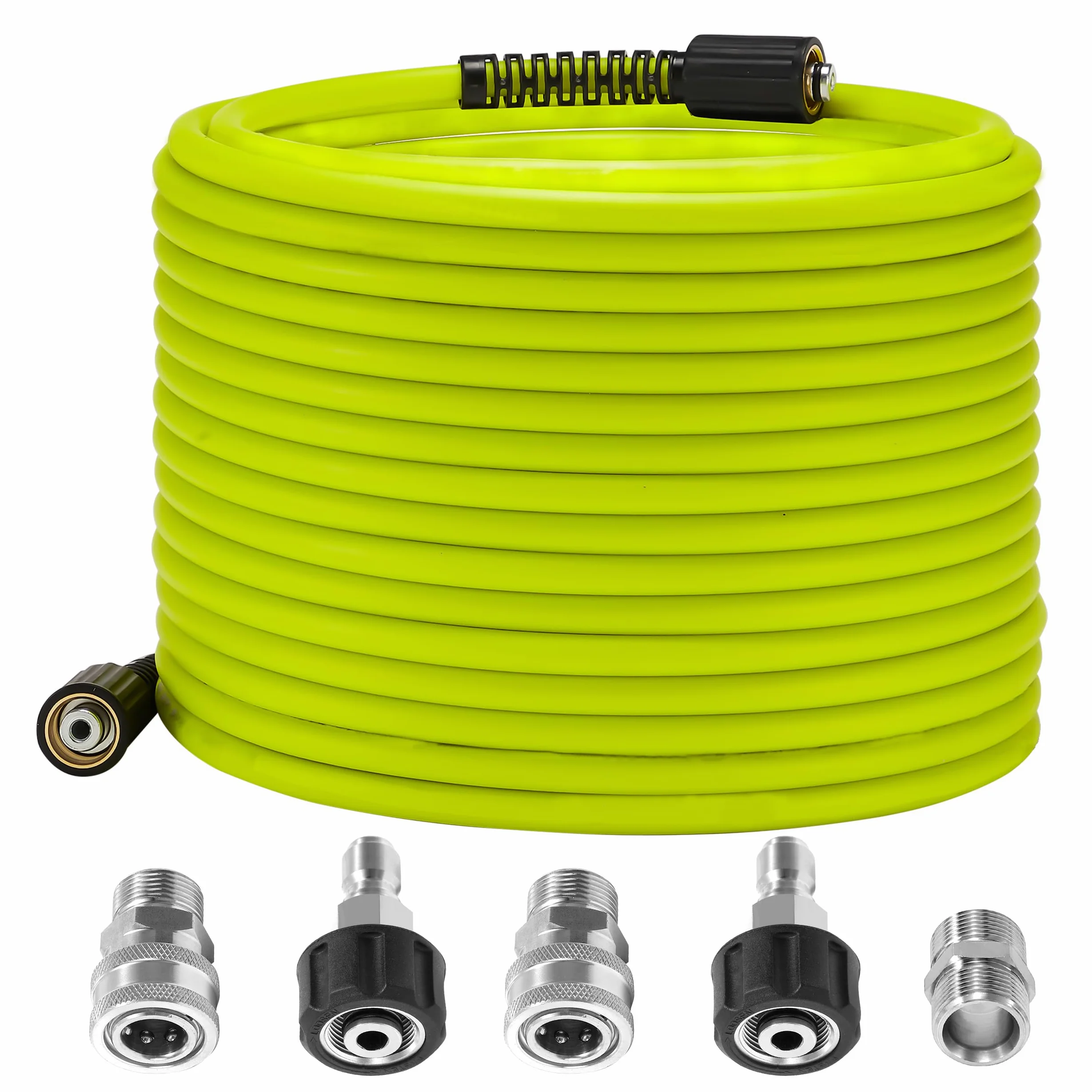 M MINGLE Manguera de lavado a presión de 50 pies x 1/4 pulgadas, manguera de lavado eléctrico de repuesto con juegos de adaptadores de lavadora eléctrica de conexión rápida de acero inoxidable M22 de