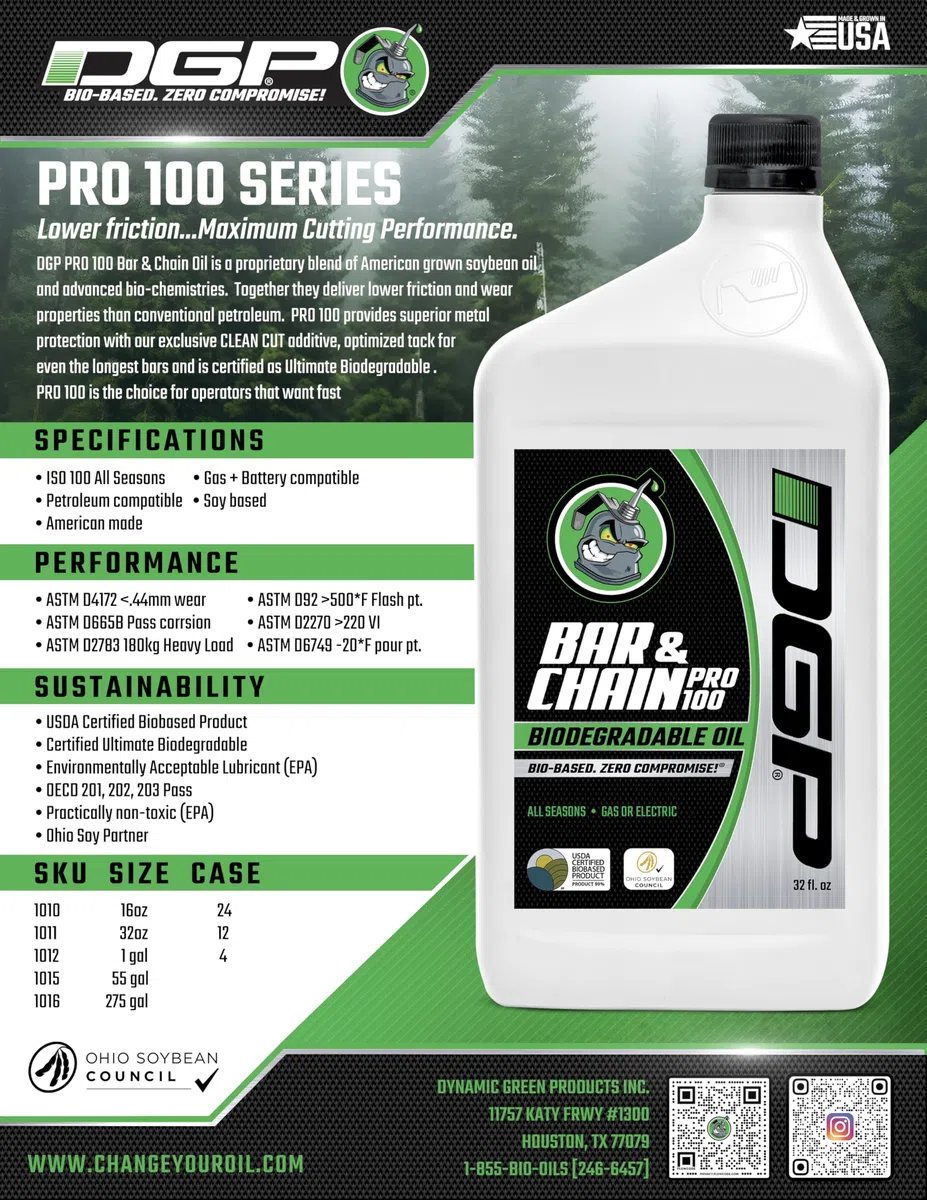 DGP Pro100 Aceite de motosierra biodegradable, lubricante profesional de alto rendimiento, no tóxico, verde, ecológico, ultraligero, lubricante para todo el año para barra
