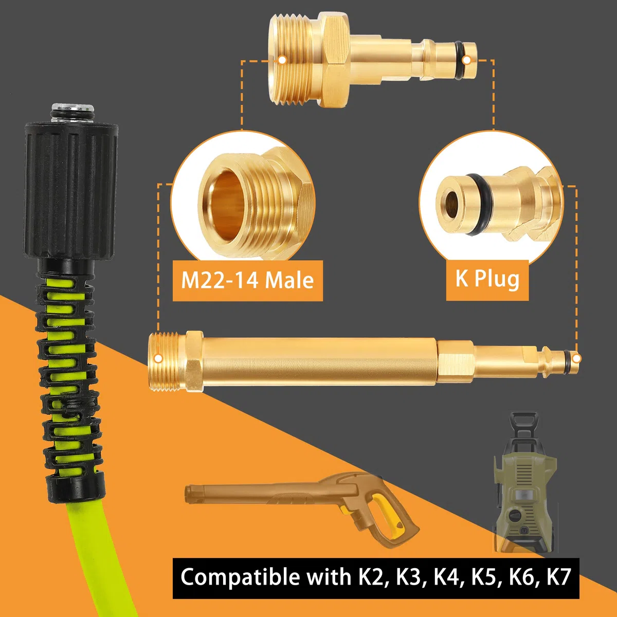 M MINGLE Manguera de lavado a presión de 50 pies x 1/4 pulgadas, resistente a torceduras, con rosca macho M22-14 a enchufe, compatible con Karcher K2 K3 K4 K5 K6 K7, 3600PSI