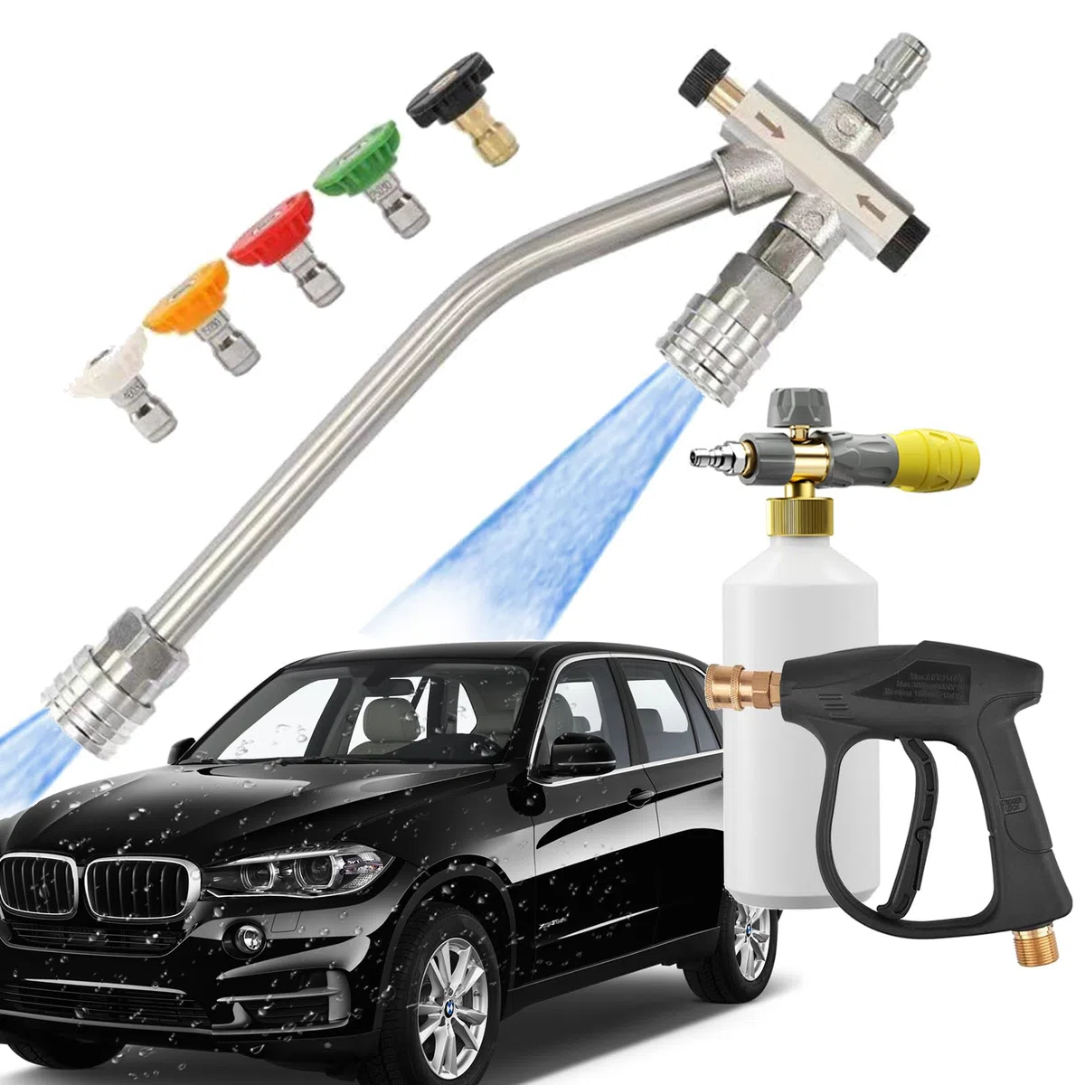 Accesorios de boquilla 2 en 1 de alta presión para lavadora de coche, lavadora a presión de cañón de espuma de doble varita, kit de pistola de espuma de lavado de coche con boquilla de acero