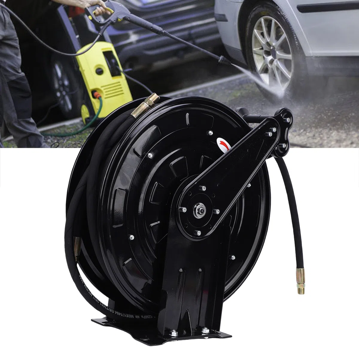 Fockety Carrete de Manguera retráctil para hidrolavadora, 2 Brazos, 3/8 pulg. x 49.21 pies, con Manguera de 49.21 pies, Cable de 4.9 pies y Conector M22, 4000 PSI, para Aire, Aceite